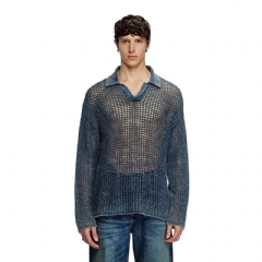 Diesel Men Open-knit polo jumper in denim yarn Blue A175340CBDP