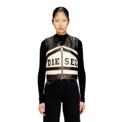 Diesel Women Leather vest with front logo and contrast stripes Black/White P016530SPCY