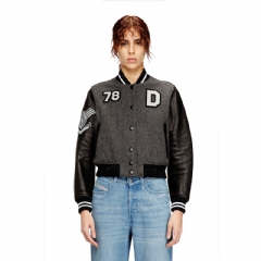 Diesel Women Cropped varsity jacket in wool and leather Black/Grey A235940LHAL