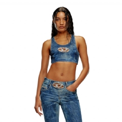 Diesel Women Cropped denim top with crystal plaque Dark Blue A138210PGAL