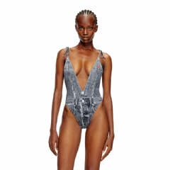 Diesel Women Plunging swimsuit with denim trompe l'oeil Blue A187510BNCW