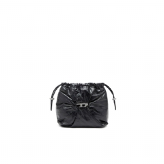 Diesel Women Scrunch-D-Bucket bag in shiny wrinkled leather Black X10325P1003