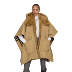 Burberry Women Reversible Shearling Trim Check Cashmere Cape Sand beige 81162471