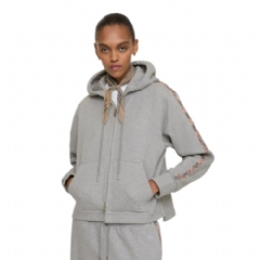 Burberry Women Check Trim Cotton Zip Hoodie Pale grey melange 81189731