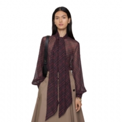 Burberry Women Check Silk Scarf Blouse Wine red 81159841