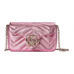 Gucci Women GG Marmont mini shoulder bag bright pink lamé leather 841290 AAFV3 6809