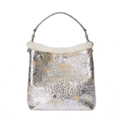 Gucci Women GG Emblem small bucket bag silver textured leather 815118 AAFTH 9542