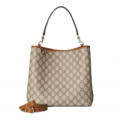 Gucci Women GG Emblem medium bucket bag beige and brown GG fabric ‎815103 FAD6L 9758