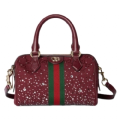 Gucci Women Ophidia crystals small boston bag Rosso Ancora red GG canvas 841294 FAFFA 8541