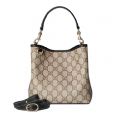 Gucci Women GG Emblem small bucket bag beige and brown GG fabric ‎815118 FAD6L 9741