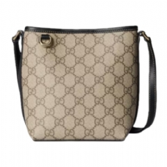 Gucci Women GG Emblem nano bucket bag beige and dark brown fabric 847090 FAEUC 9741