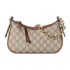 Gucci Women GG Emblem small shoulder bag beige and dark brown fabric 847447 FAD6L 9758