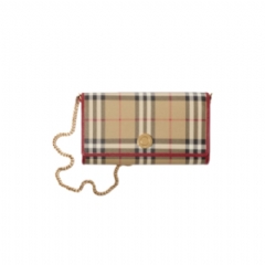 Burberry Women Check Chain Strap Wallet Archive beige/ruby red 81163211