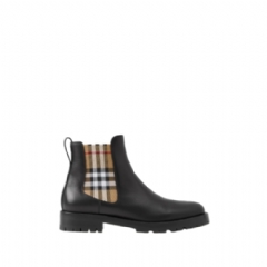 Burberry Women Check Panel Leather Chelsea Boots Black 80423631