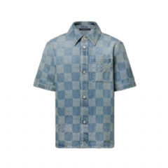 Louis Vuitton Men Damier 3D Light Denim Short-Sleeved Shirt 1AHVYZ