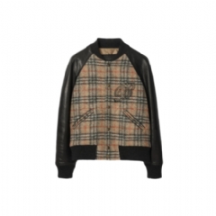 Burberry Men Check Wool and Leather Bomber Jacket Sand beige 81191901