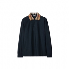 Burberry Men Long-sleeve Check Collar Cotton Polo Shirt Smoked navy 80988131