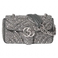 Gucci Women GG Marmont crystals small shoulder bag grey nubuck leather 837280 AAFTQ 1126