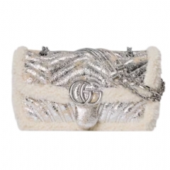 Gucci Women GG Marmont small shoulder bag silver textured leather 837280 AAFTT 9542