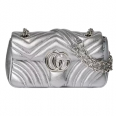 Gucci Women GG Marmont small shoulder bag silver lamé leather ‎837280 AAFV0 8106