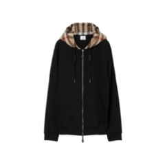 Burberry Men Check Hood Cotton Zip Hoodie Black/archive beige 80607051