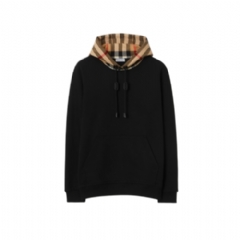Burberry Men Check Hood Cotton Hoodie Black 80581171