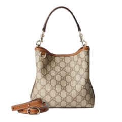 Gucci Women GG Emblem small bucket bag beige and brown GG fabric 815118 FAD6L 9758