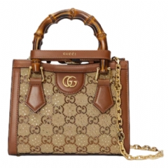 Gucci Women Gucci Diana crystals small tote bag camel and dark brown GG canvas 707449 21HRG 2687