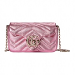 Gucci Women GG Marmont mini shoulder bag bright pink lamé leather 841290 AAFV3 6809