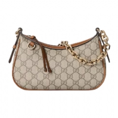 Gucci Women GG Emblem small shoulder bag beige and dark brown fabric ‎847447 FAD6L 9758 