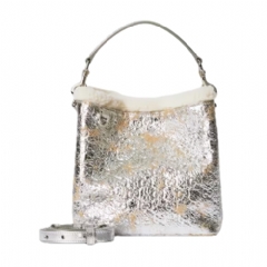 Gucci Women GG Emblem small bucket bag silver textured leather ‎815118 AAFTH 9542