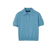 Gucci Women Knit wool polo shirt with embroidery light blue 867226 XKFHS 4157