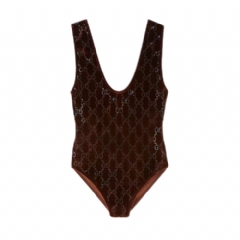 Gucci Women GG crystal embroidered bodysuit brown ‎850295 XUANX 2100
